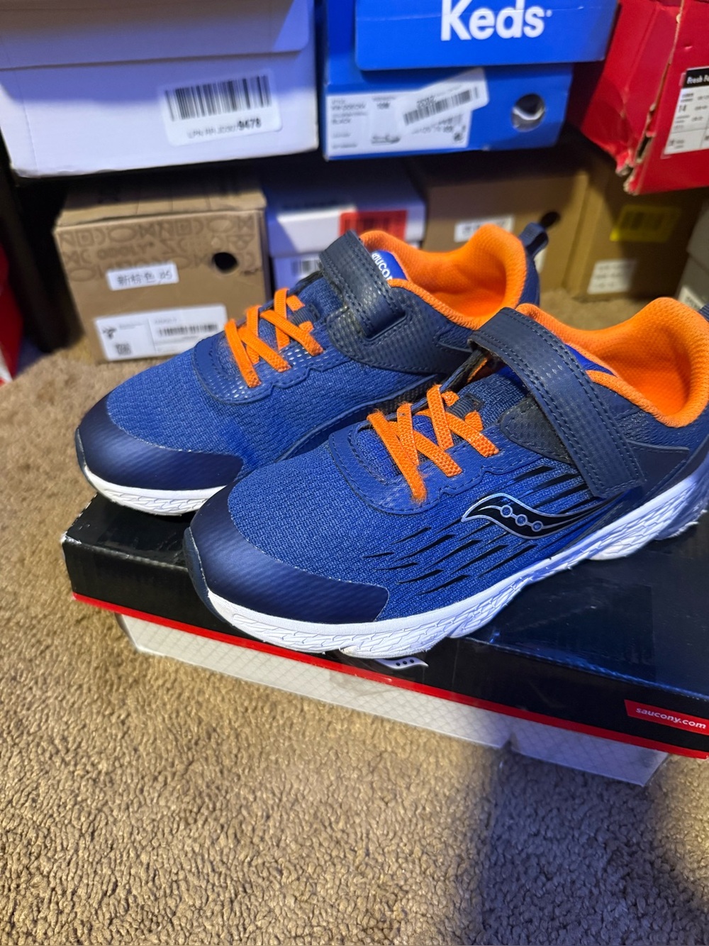 Saucony Navy and Orange Kids Sneakers with Hook-and-Loop Strap